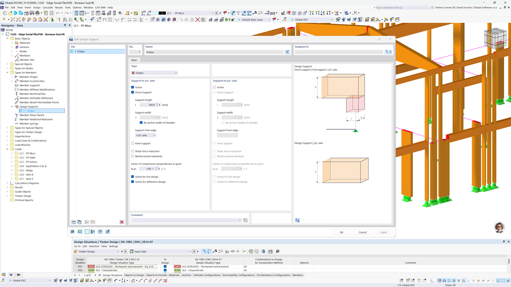 Dialog box showing support compression settings for timber design, including options for load points in y and z directions and factor adjustments.