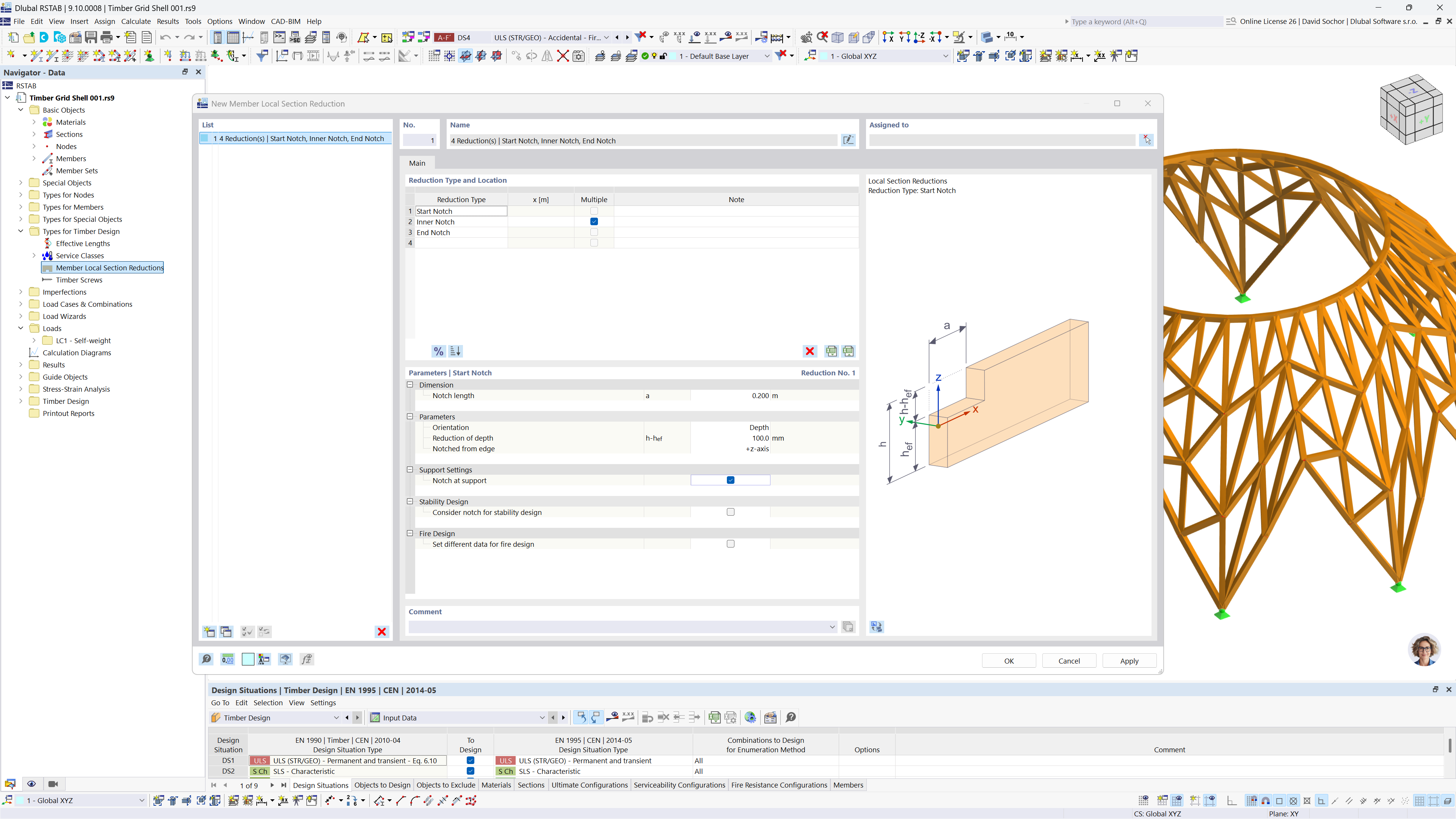 Dialog for defining cross-section reductions in timber beam design to manage notches effectively.