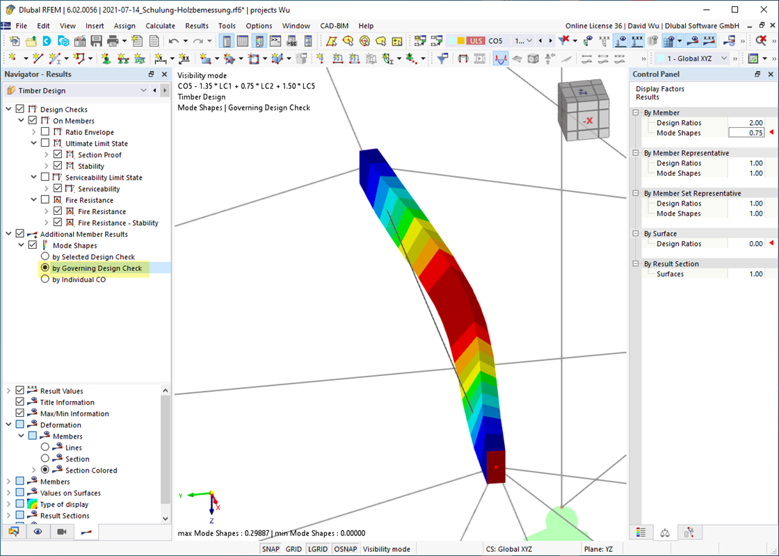 Visual display of the governing mode shape for stability analysis in timber design, highlighting lateral-torsional buckling results.
