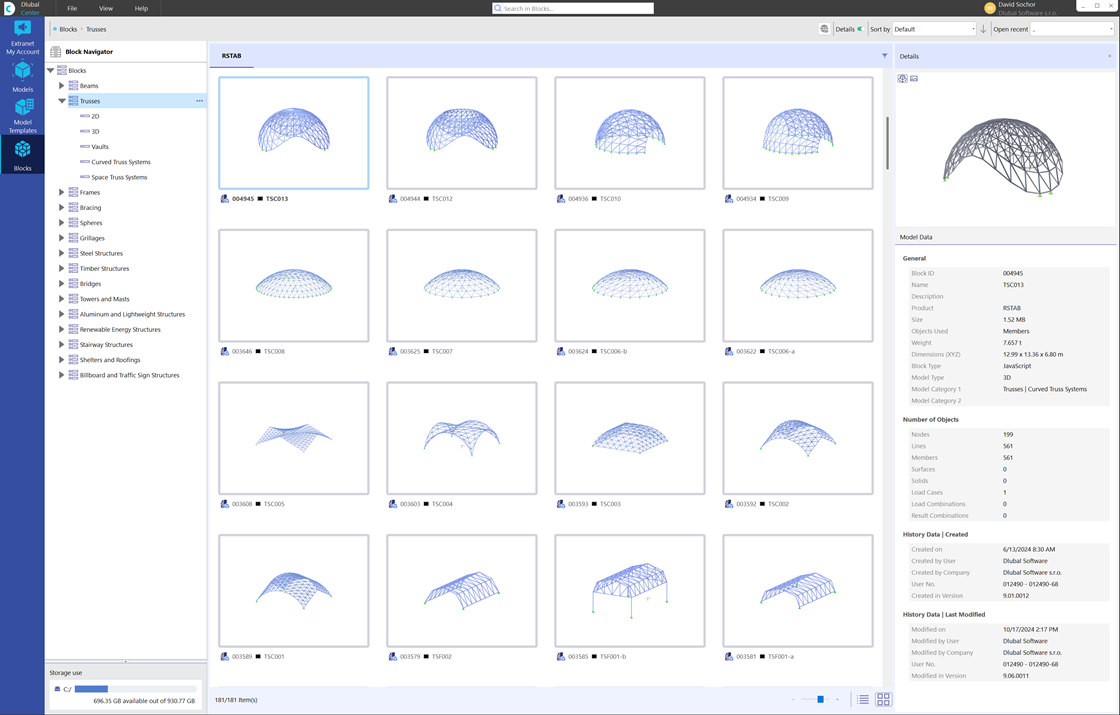 User interface of the Dlubal Center with organized model choices and project management tools.