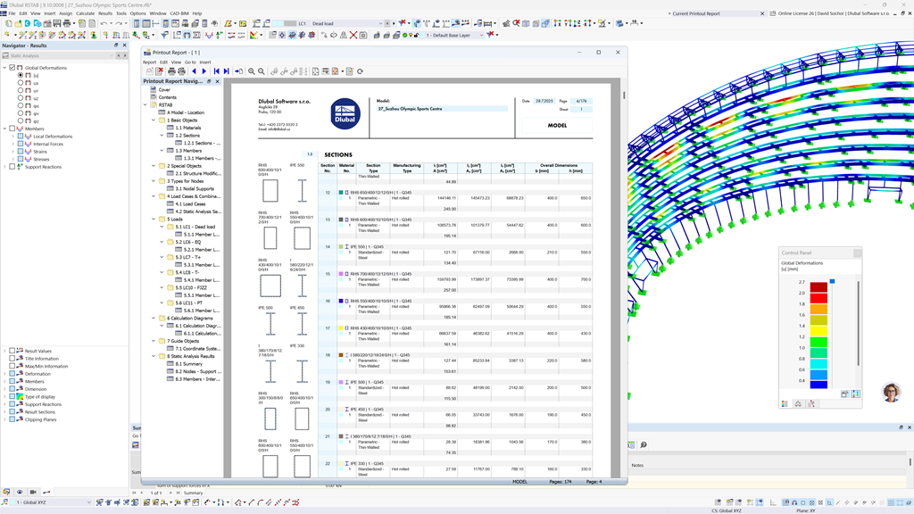 Features of the revised and optimized printout report in RSTAB 9, highlighting interactive modification and import capabilities.