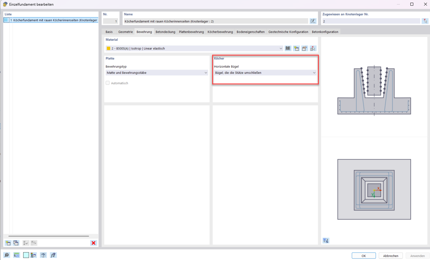 Detailed view of reinforcement settings for a bucket foundation in a CAD software interface.