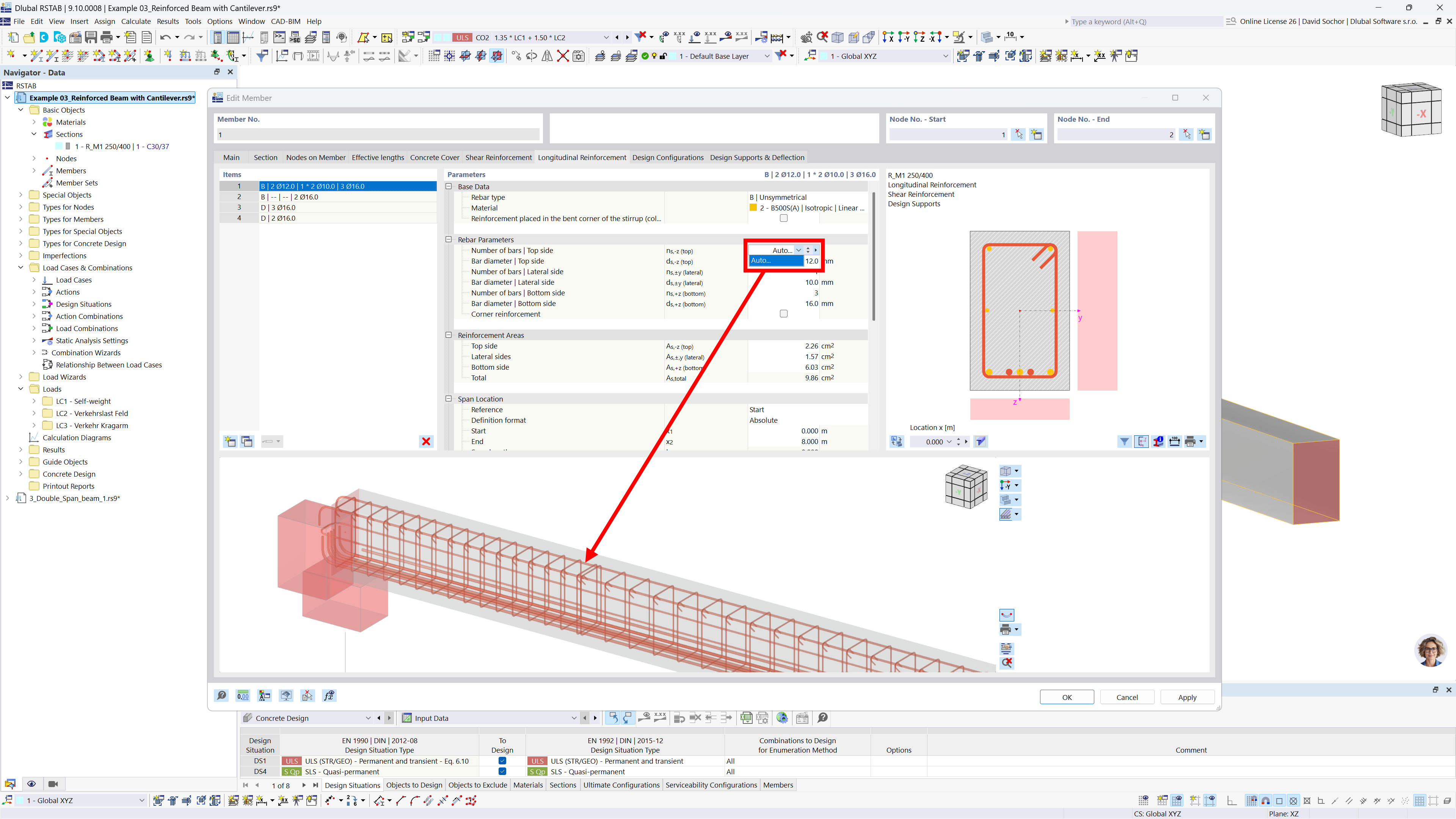 Illustration showcasing automatic calculation of bar diameters for reinforced concrete beams based on defined bar count, displaying diameters of 12 and 18.