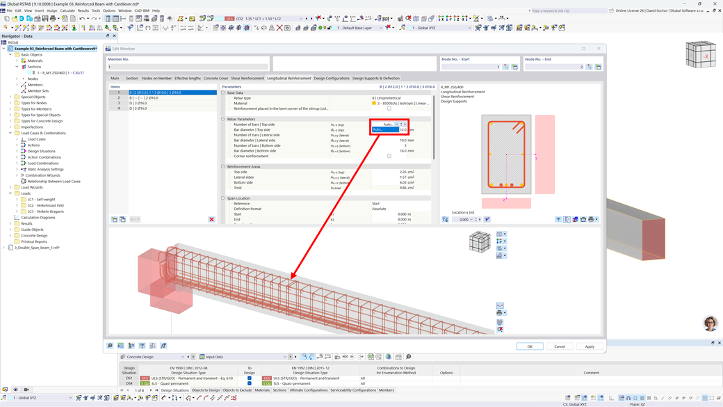 Illustration showcasing automatic calculation of bar diameters for reinforced concrete beams based on defined bar count, displaying diameters of 12 and 18.