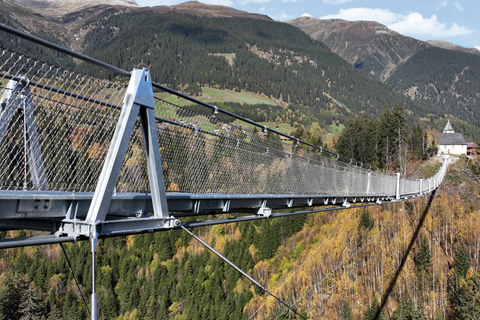 LaPendenta suspension bridge in Disentis/Mustér, the longest pedestrian bridge in Graubünden, Switzerland.