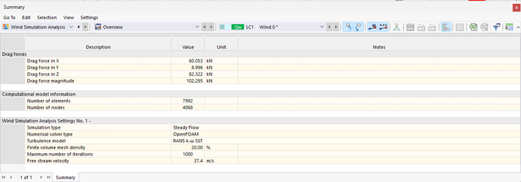Wind Simulation Analysis - Overview Result Table