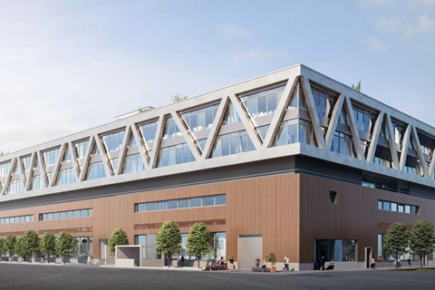 New campus construction in Arlesheim, Switzerland, by Uptown Basel AG on the former factory site of Stamm Bau AG.