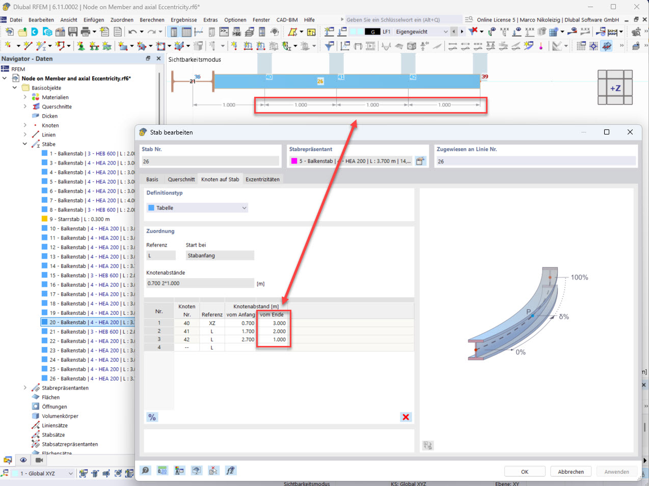 The image shows the manual correction of the location of the ‘nodes on member’.
