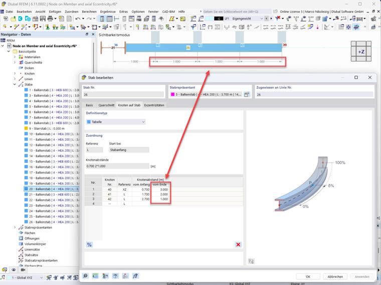 The image shows the manual correction of the location of the ‘nodes on member’.