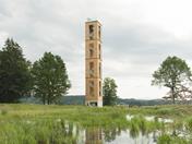 Timber lookout tower in the Bannwald forest near Ostrach, designed by the engineering office Wirth Haker.