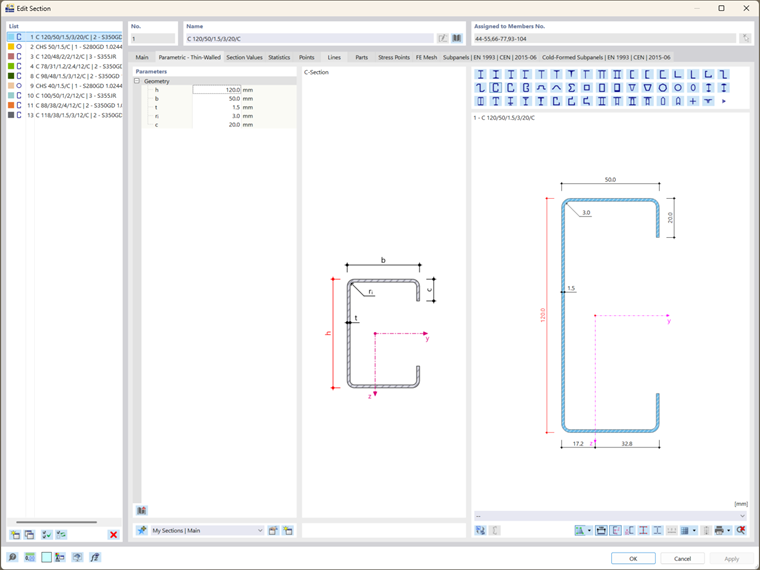 Parametric thin-walled cross-section in RFEM 6 demonstrating cold-formed steel section tools for buckling and stability analysis.