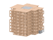 RFEM model displaying the structural design of the modular Heimdalsporten residential towers in Trondheim in a clear, technical layout.