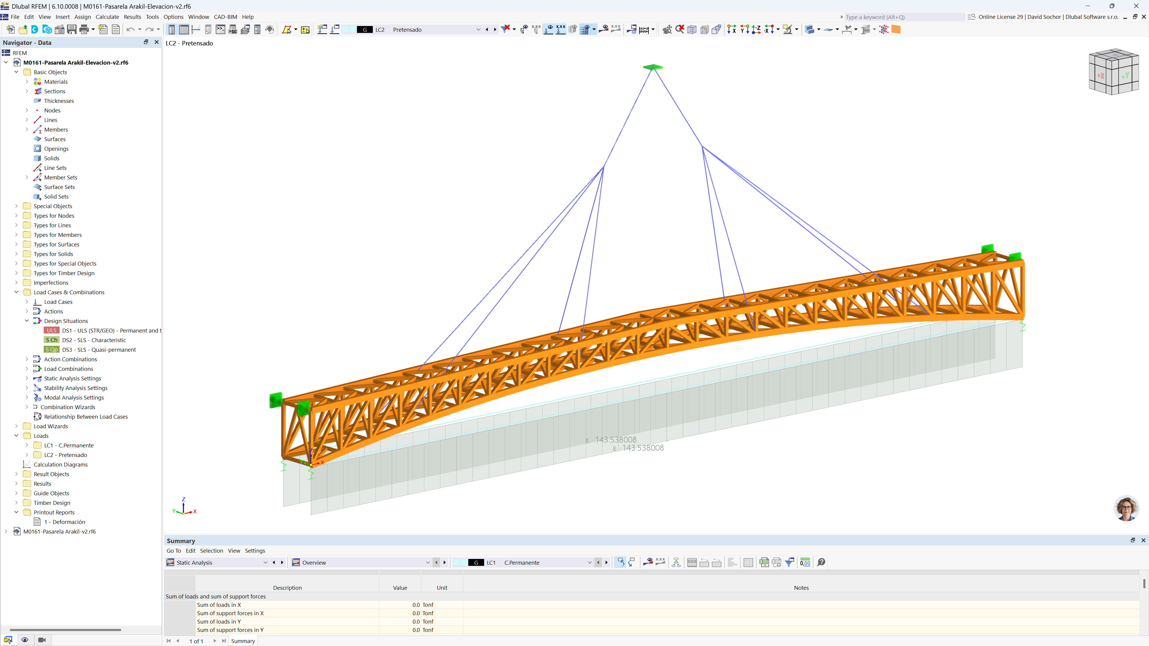 Structural analysis model of a footbridge in RFEM 6, showing details of the uplift and interaction between components.
