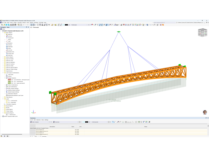 Structural analysis model of a footbridge in RFEM 6, showing details of the uplift and interaction between components.