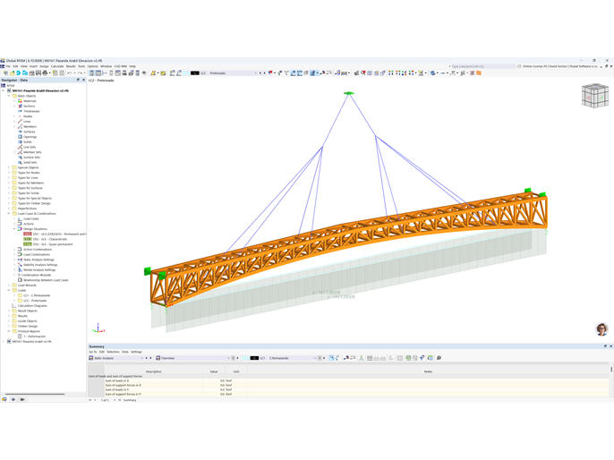 Structural analysis model of a footbridge in RFEM 6, showing details of the uplift and interaction between components.