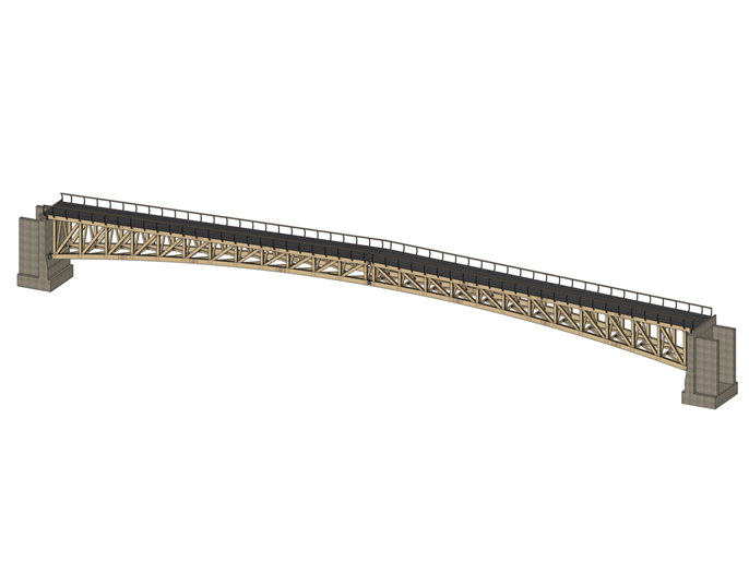 Detailed view of a footbridge designed in cadwork, highlighting its structure and natural timber materials.