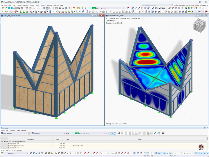 Two models of a house with structural and deformation views, illustrating load impact.