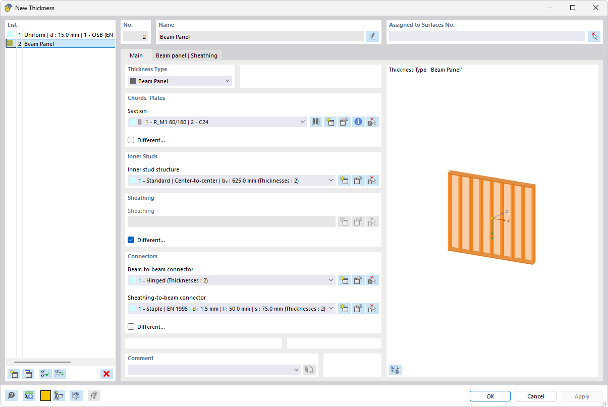 Dialog Box "New Thickness", Thickness Type "Beam Panel"