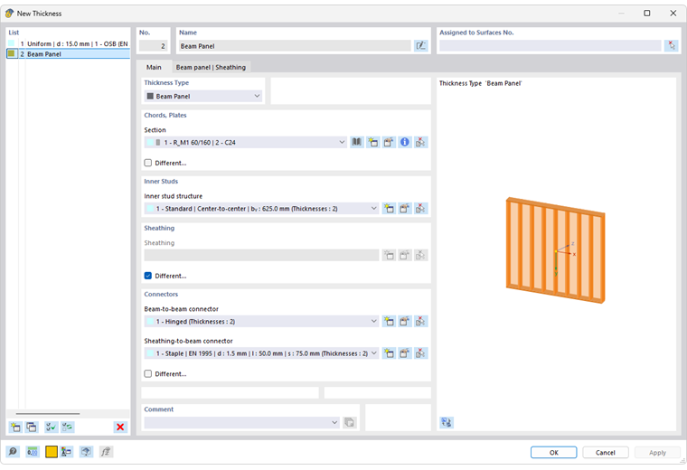 Dialog Box "New Thickness", Thickness Type "Beam Panel"