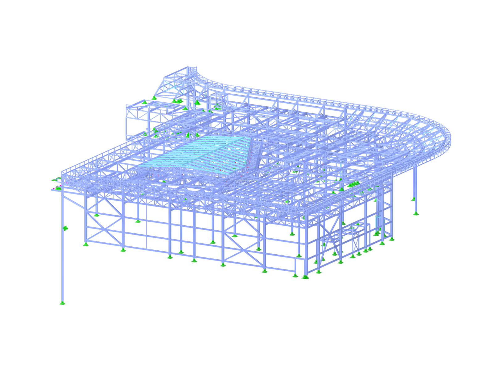 Steel extension with a gabled roof and access to ventilation, part with a glass facade.