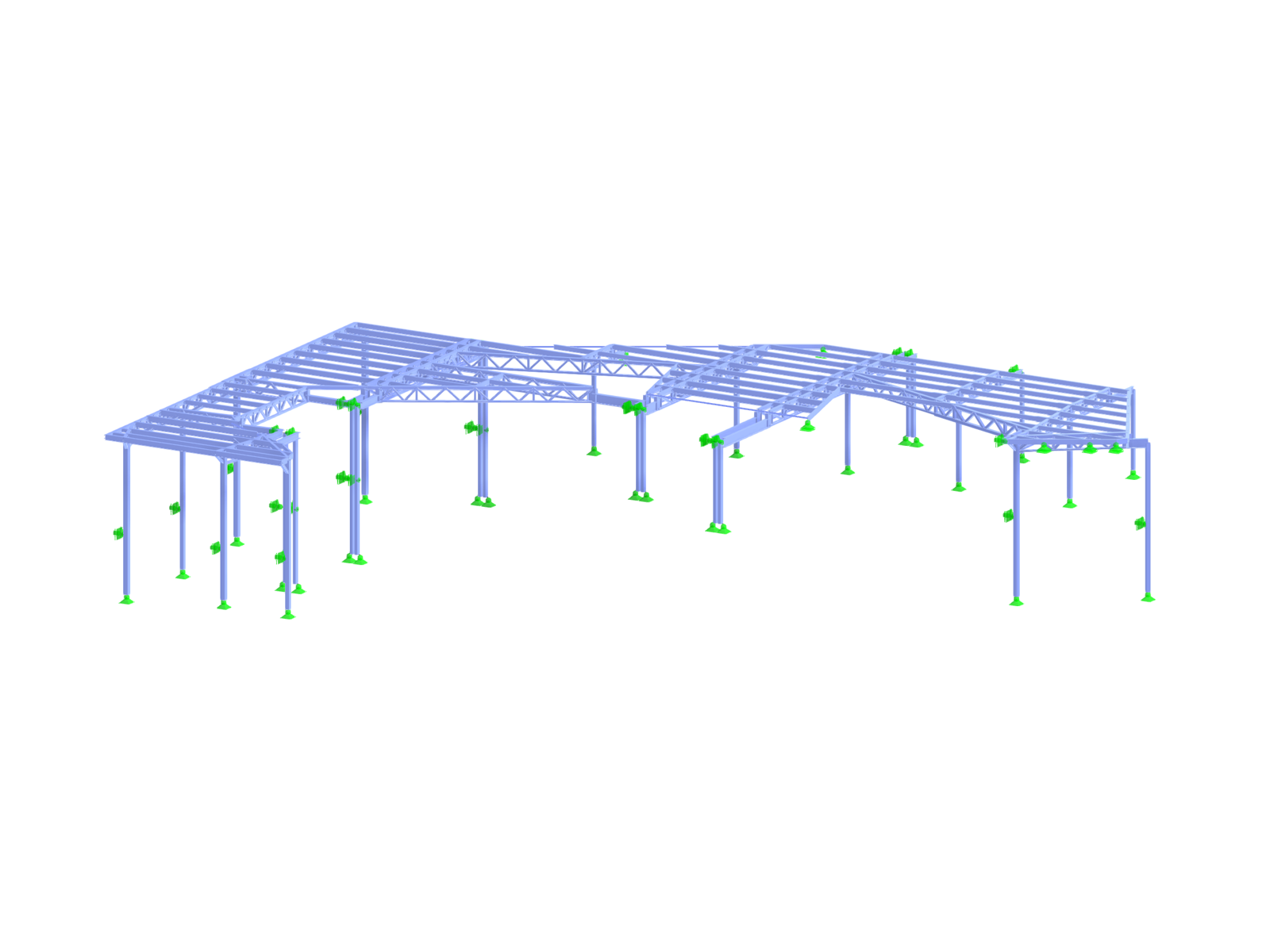 Steel truss girders and reinforced concrete ribbed slabs for the roof of a shopping and cultural center.