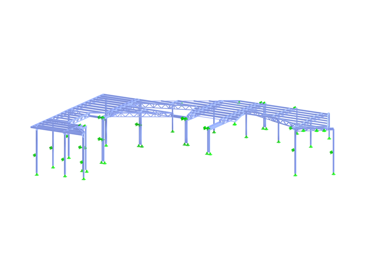 Steel truss girders and reinforced concrete ribbed slabs for the roof of a shopping and cultural center.