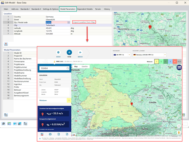 The graphic illustrates the process of importing a model's geographical location from a map in the RFEM 6 software interface.