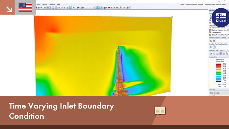 Visualization of velocity field evolution and flow profiles around a tall building using time-varying inlet boundary conditions.
