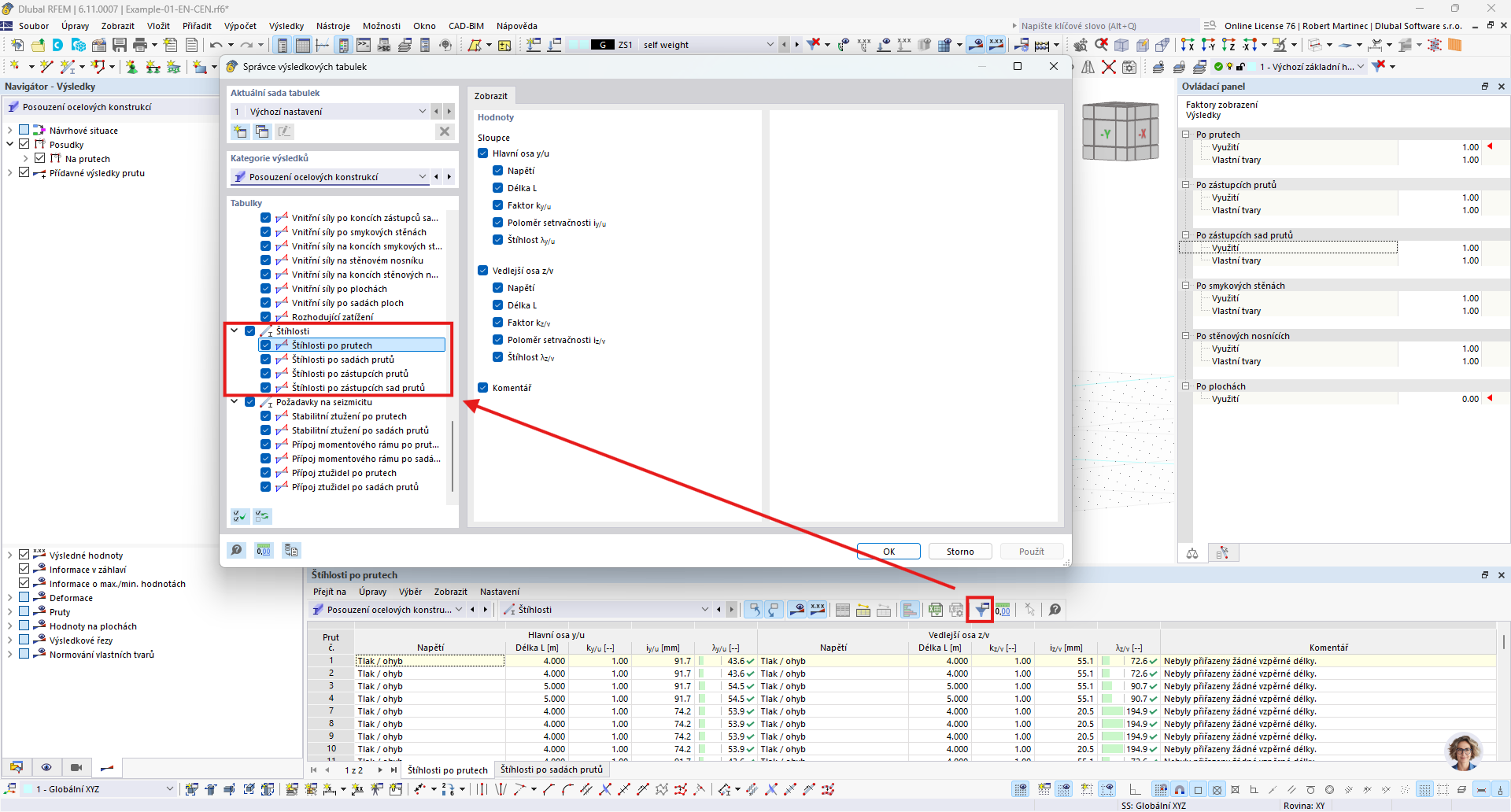 It is necessary to turn on the slenderness table in the Results Table Manager.