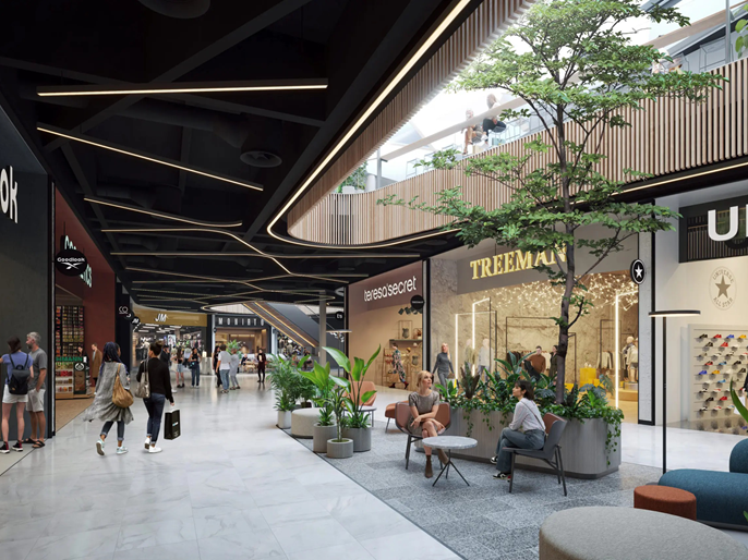 Roofing of the passageway at the Westfield Černý Most shopping mall with two irregular voids.