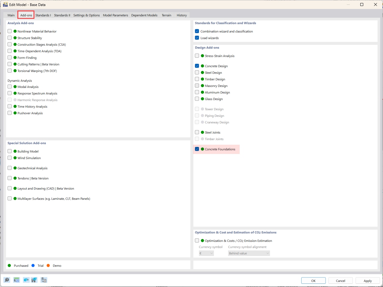Concrete Foundations add-on activated in model configuration base data.