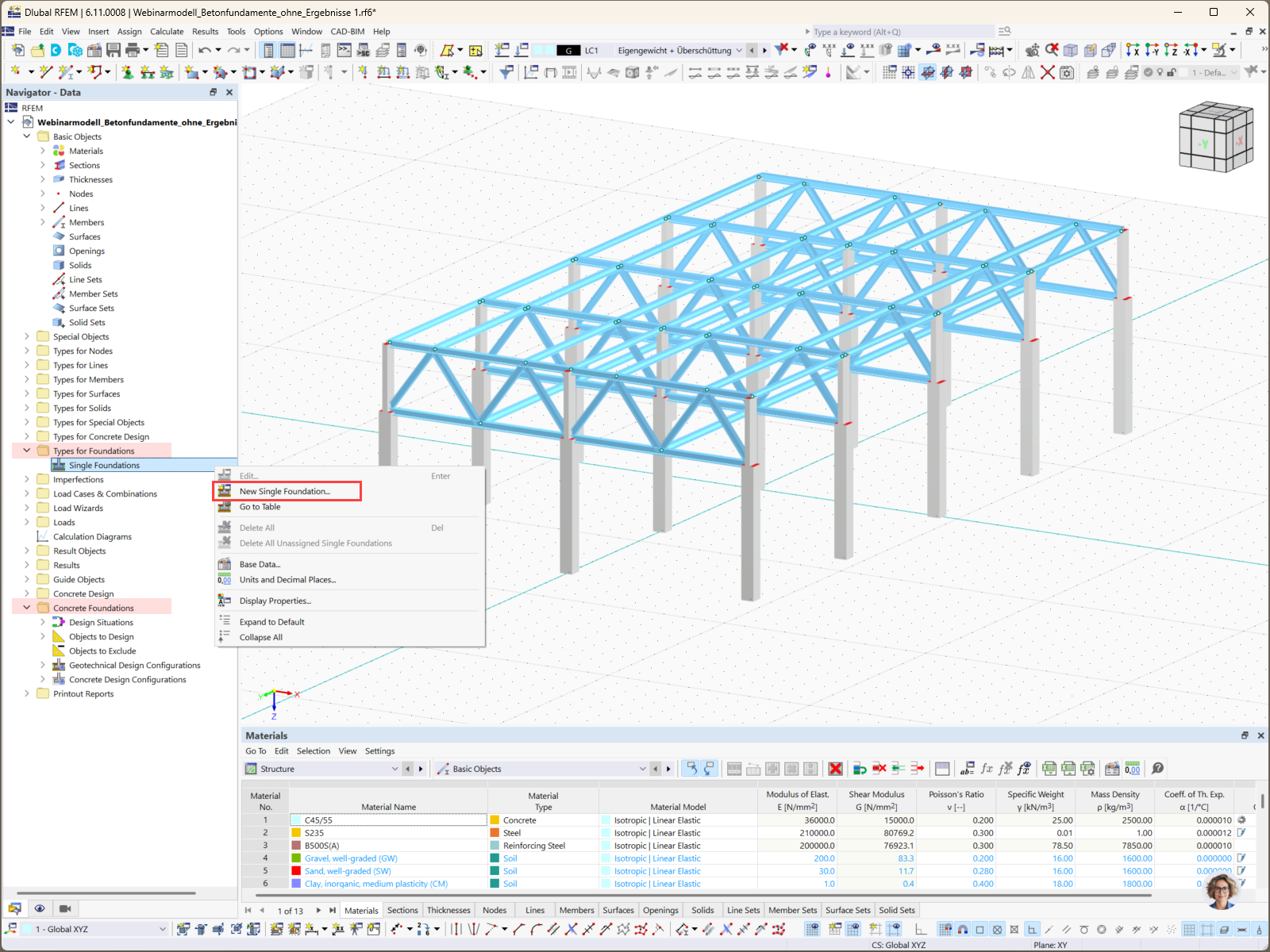 Navigator displaying folders for "Types for Foundation" and "Concrete Foundations".