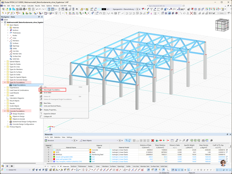 Navigator displaying folders for "Types for Foundation" and "Concrete Foundations".