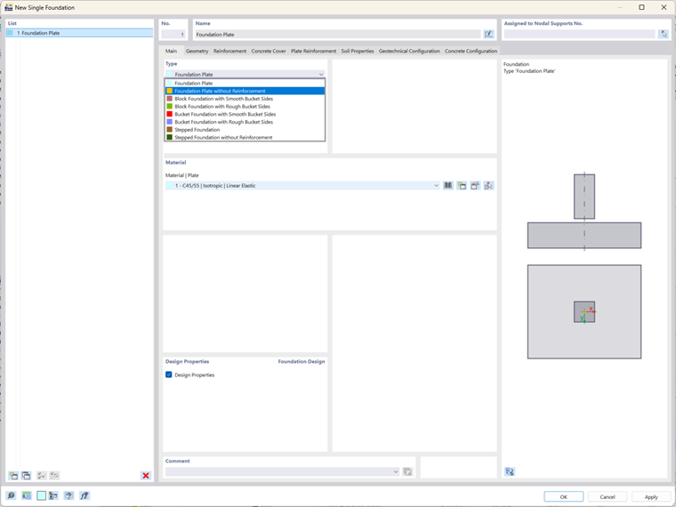 Selecting the foundation type in the Concrete Foundations add-on of Dlubal software, showing the "New Single Foundation" window.