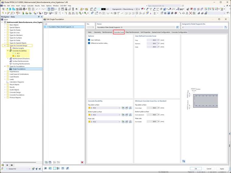 Input screen for defining concrete cover parameters in foundation design software.