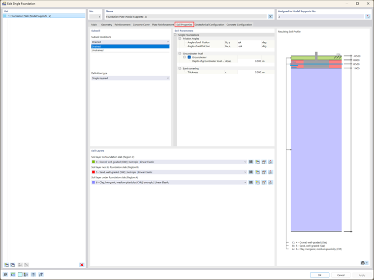Displaying the process of assigning soil properties for a foundation using the Concrete Foundations add-on features.
