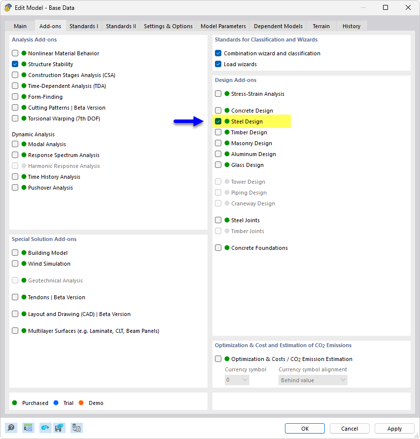 Activating "Steel Design" Add-on