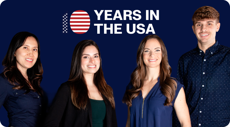 The American team from the Philadelphia office celebrates their U.S. subsidiary's 10th anniversary, with a special graphic in the background.