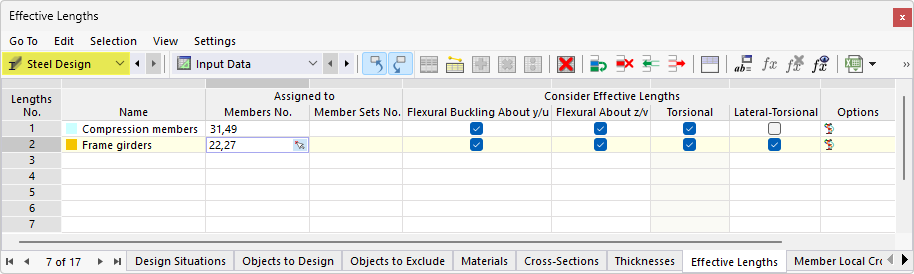 Assigning a member to effective length type for Steel Design in a table