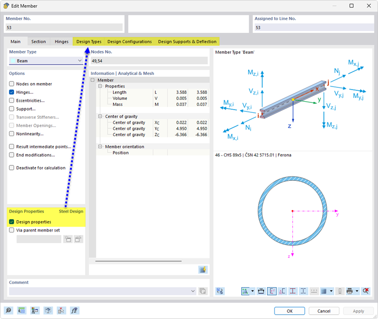 Activating design properties of a member