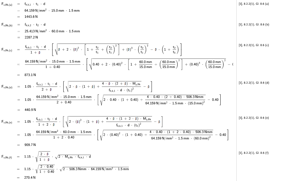Load-bearing capacity of bracing Equations 8.6 a-f (Johansen) according to Eurocode 5, Case KB 001923