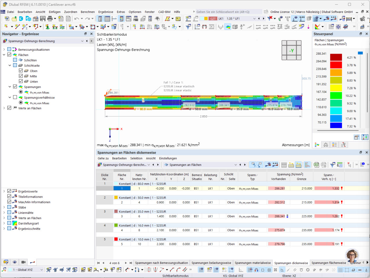 Case 1: Stress distribution with the "Linear Elastic" material model for Surfaces 1 to 5