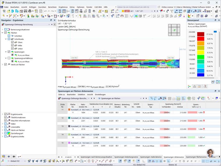 Case 2: Stress distribution with the "Nonlinear Elastic" material model for Surfaces 11 to 15
