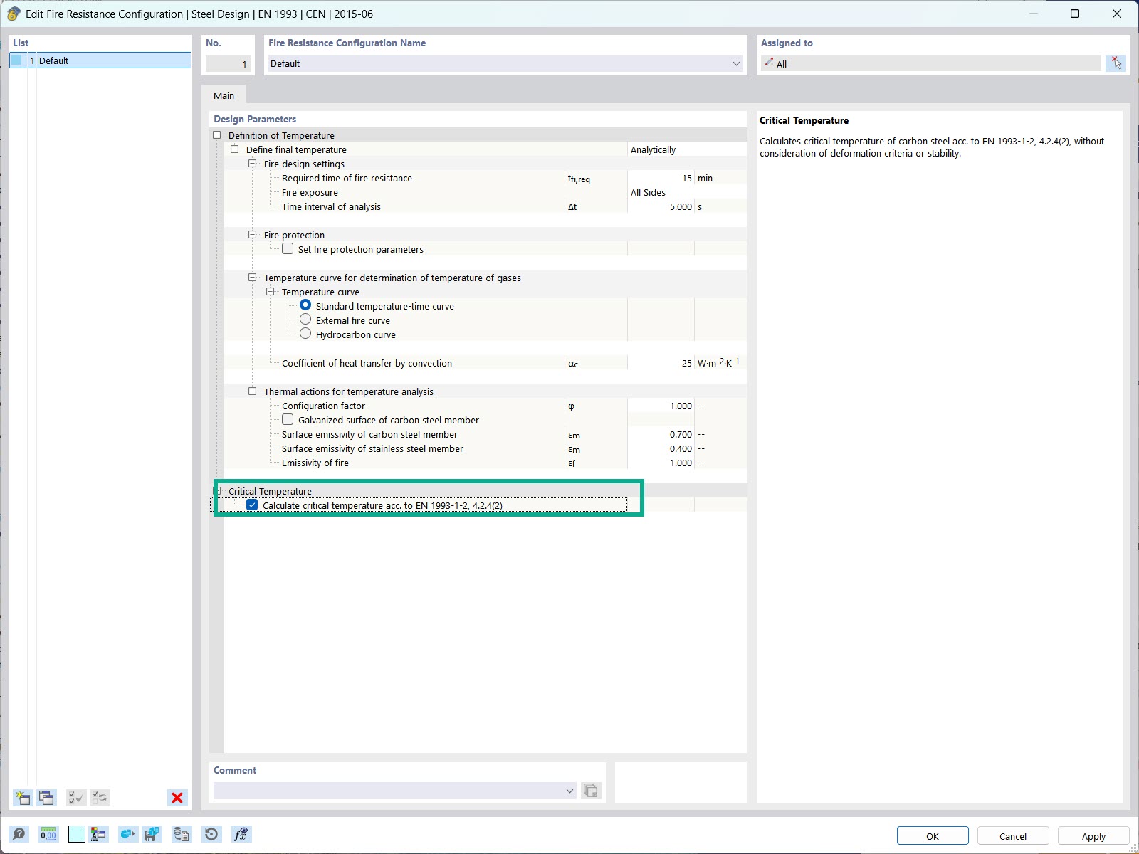 Critical temperature analysis of steel structures according to EN 1993-1-2.