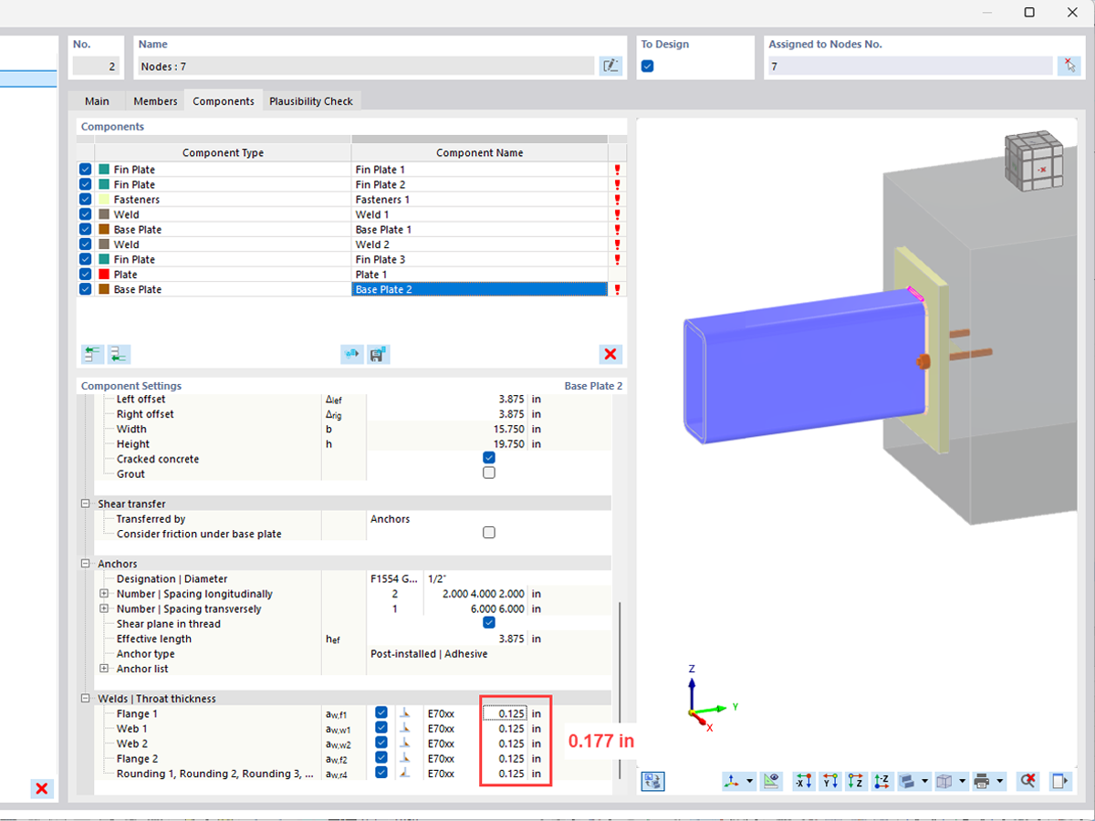 Illustration showing the default weld throat thickness update for AISC standards in structural steel design workflows.