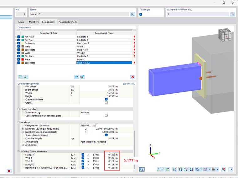 Illustration showing the default weld throat thickness update for AISC standards in structural steel design workflows.