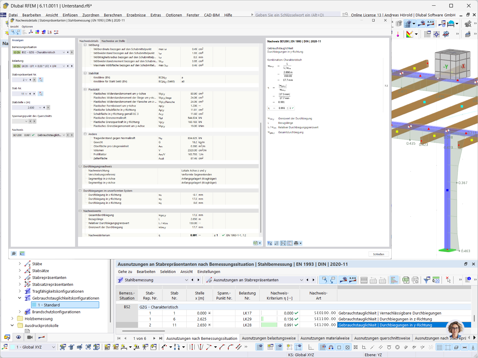 Detailed serviceability limit state design of a structure with a focus on technical aspects.