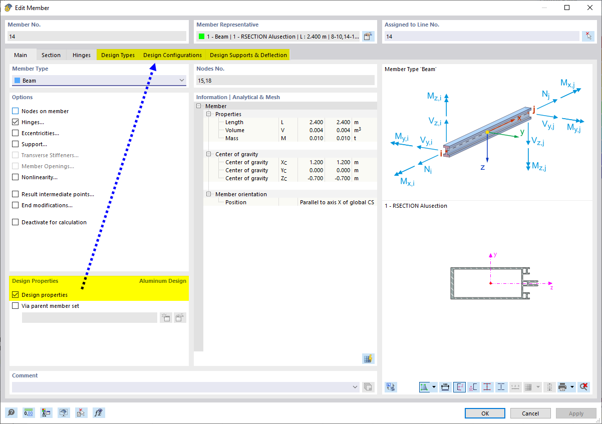 Activating design properties of a member