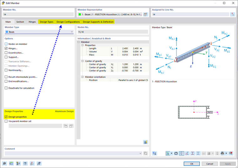 Activating design properties of a member