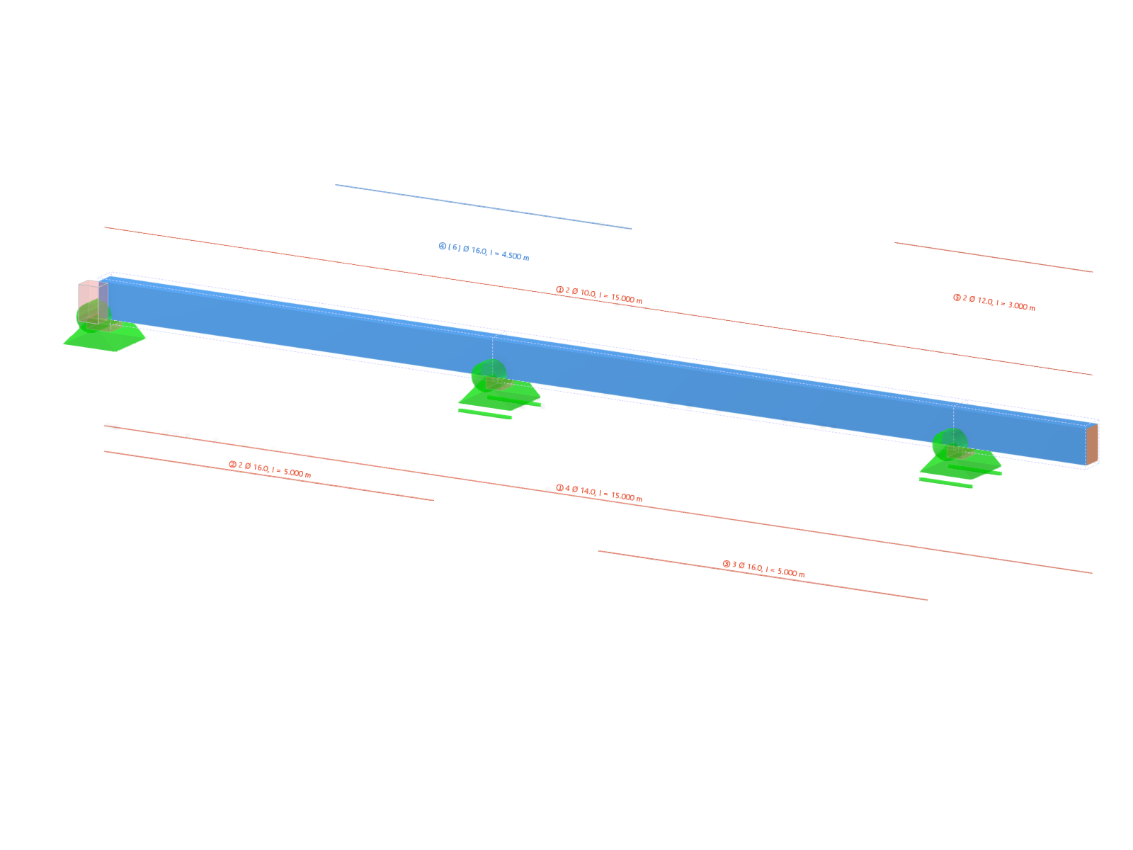 A continuous reinforced concrete beam, displayed in a structural analysis, shows the distribution of forces.